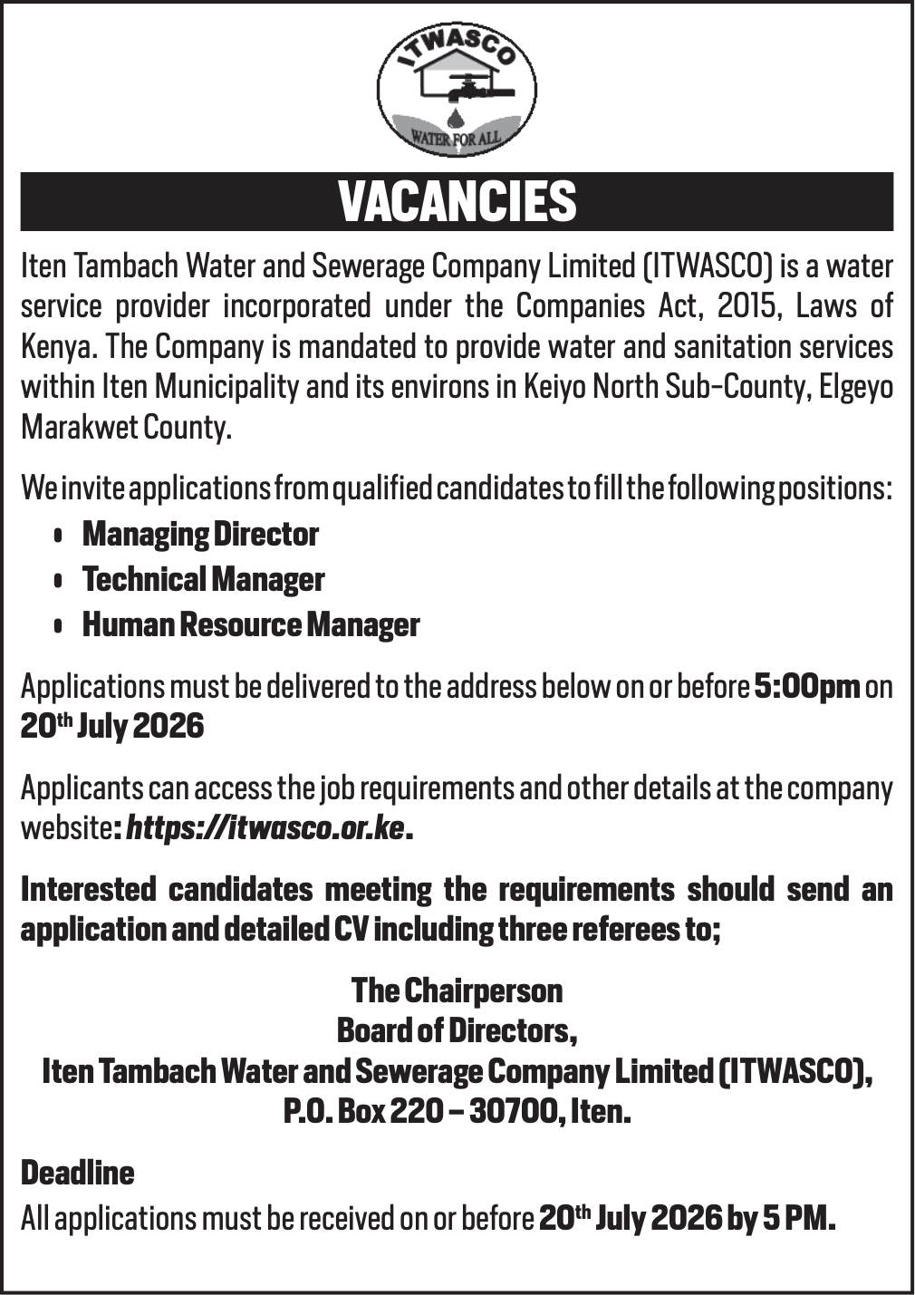 ITWASCO Official Vacancy Notice — Managing Director, Technical Manager, Human Resource Manager